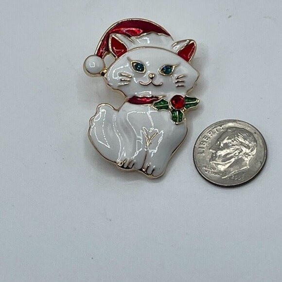 Christmas Cat Santa Claus Brooch Holiday Kitten Pin with Santa Hat & Rhinestones - Picture 3 of 4